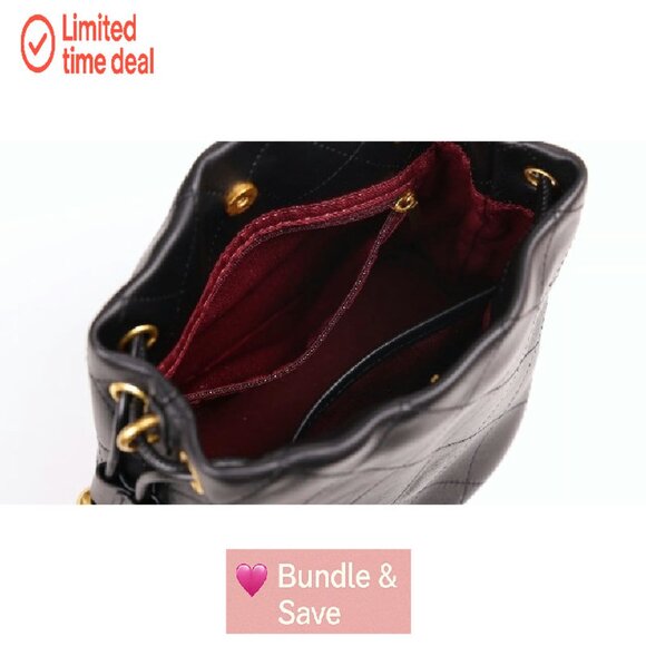 Mini Lambskin Quilted Bucket Bag with Chain Strap & Drawstring Closure - Picture 8 of 8